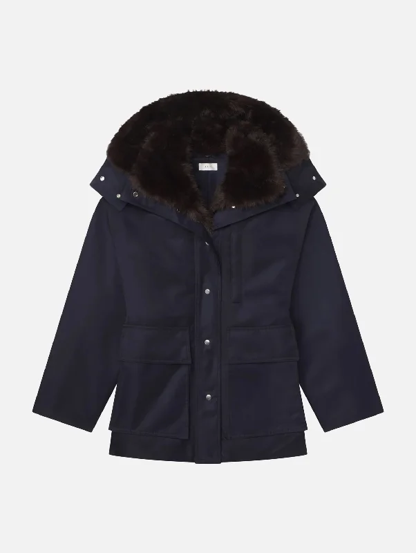 women's coats for casual FridaysNolan Faux Fur Trim Coat in Navy Romeo