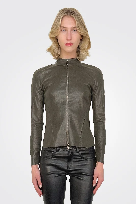 women's coats with hoodsLeather Zip Jacket - Dust