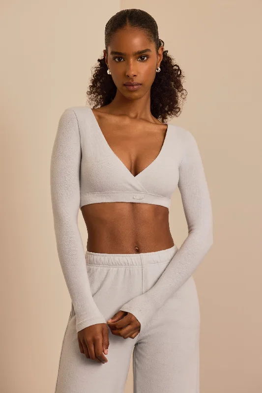 women's tops for those who love to experiment with fashionBrushed Jersey Wrap Crop Top in Fog Grey