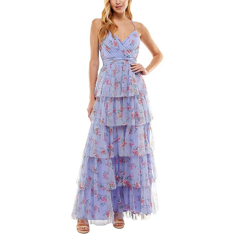 Trumpet DressCity Studio Womens Juniors Floral Print Tiered Skirt Evening Dress