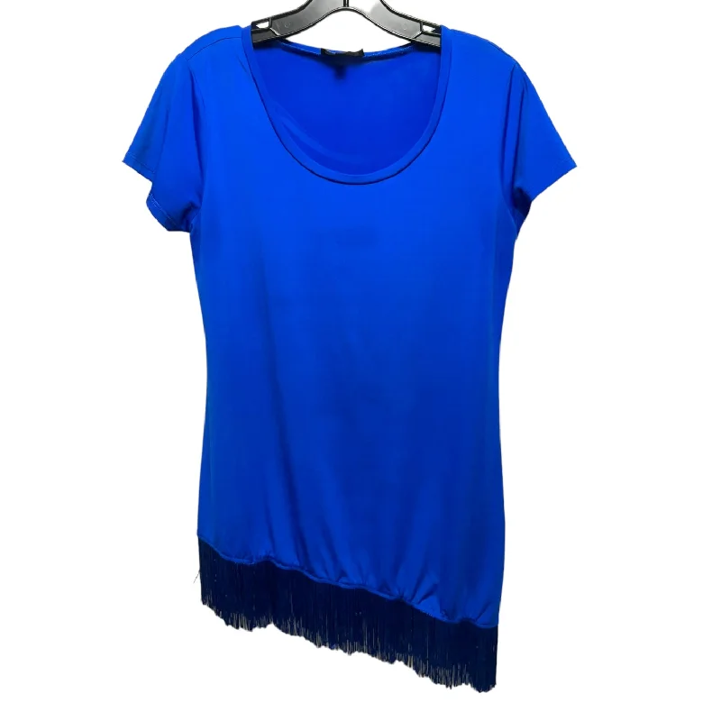 women's tops with cold-shoulder cuts and lace detailingFringe Hem Tunic Short Sleeve By Melissa Paige In Blue, Size: M