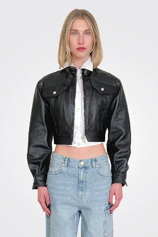 women's coats for minimalist aestheticsFaux Leather Crop Jacket - Black