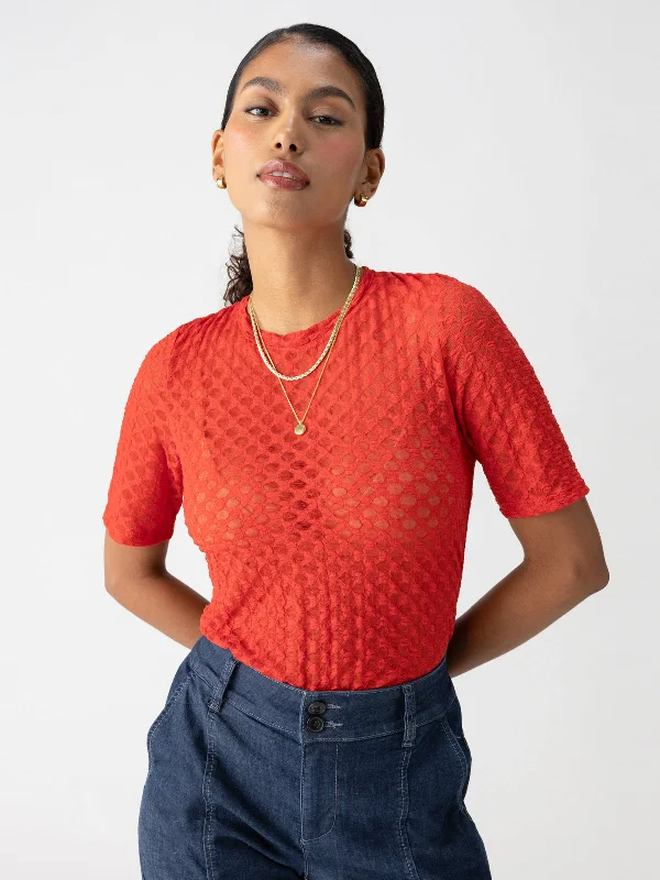 women's tops with unique designsGeo Mesh Tee Cherry Red