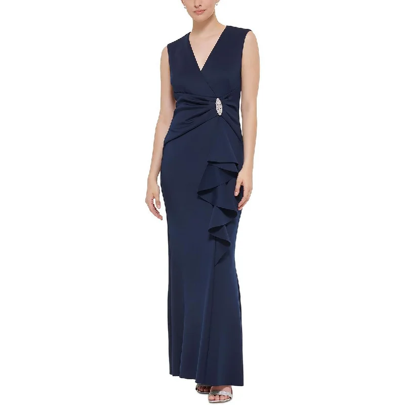 women's denim dressesJessica Howard Womens Cascade Gown Ruffles Evening Dress