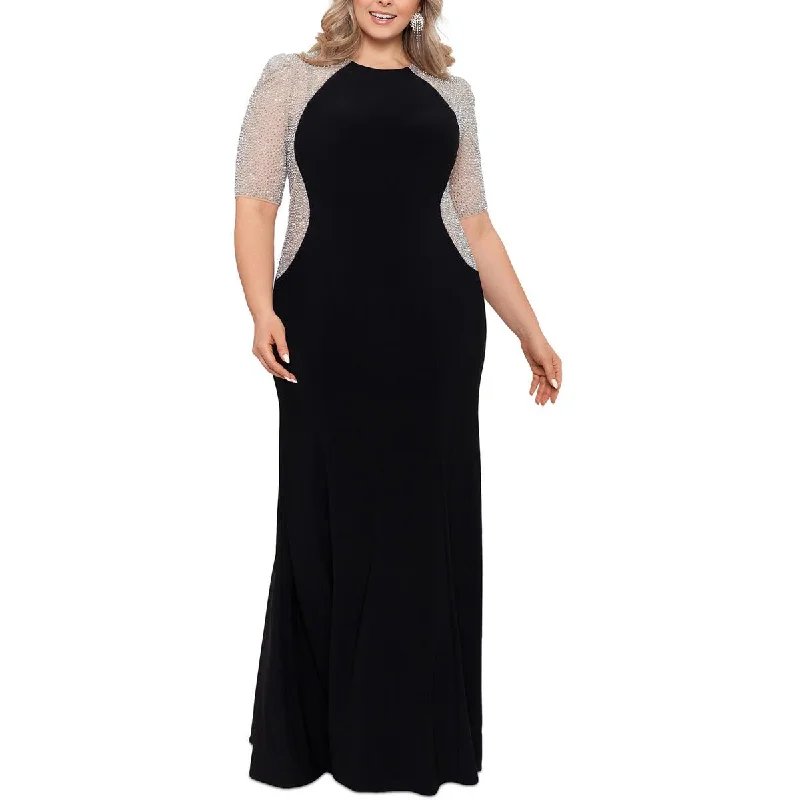 women's velvet dressesXscape Womens Plus Rhinestone Embellished Evening Dress