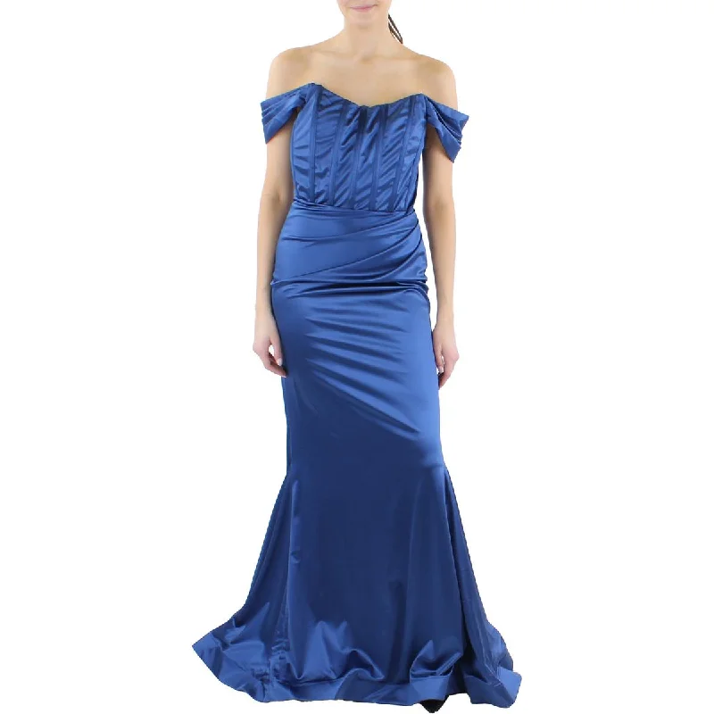 Floor-Length DressDear Moon Womens Juniors Satin Off-The-Shoulder Evening Dress