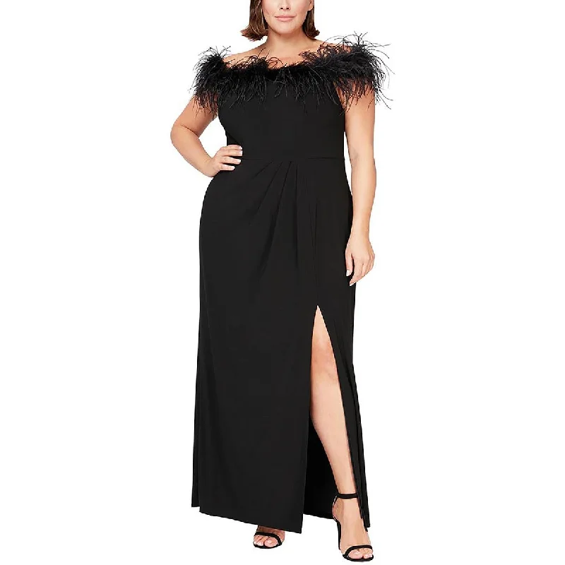 Party DressAlex Evenings Womens Plus Off-The-Shoulder Feather Evening Dress