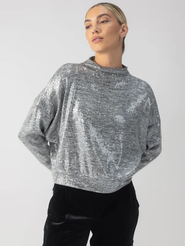 women's tops for business casual attireSequin Funnel Neck Top Heather Grey Sequin