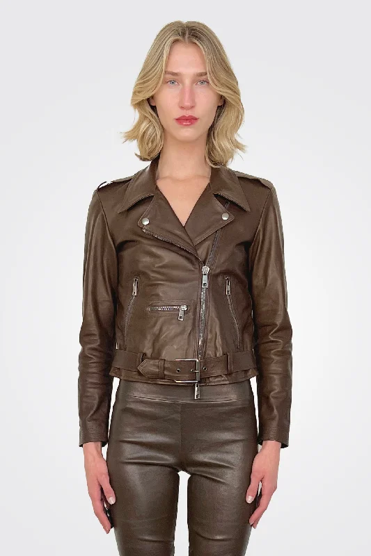 women's coats for cold weatherAsym Moto Leather Jacket - Mud Brown