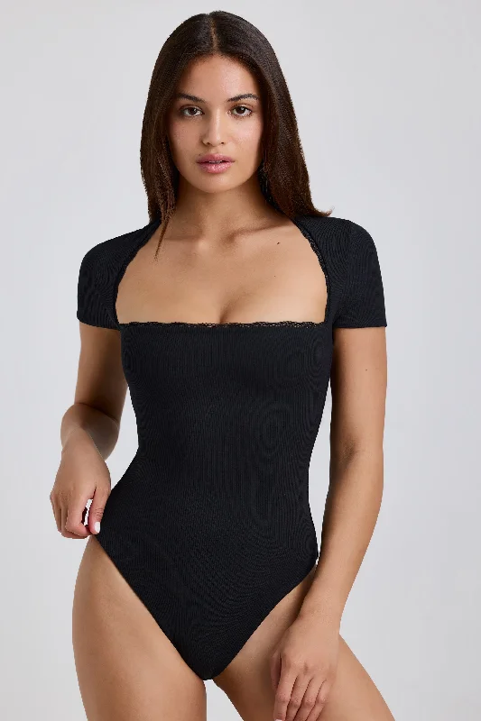 women's tops for those who want to elevate their everyday wear with chic and elegant piecesRibbed Modal Lace-Trim Bodysuit in Black