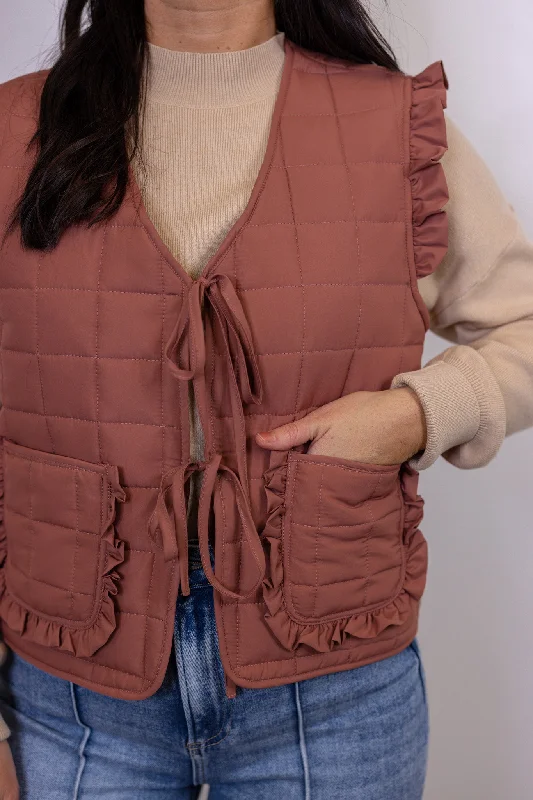 women's coats with floral printsRuffled Up Mauve Puffer Vest