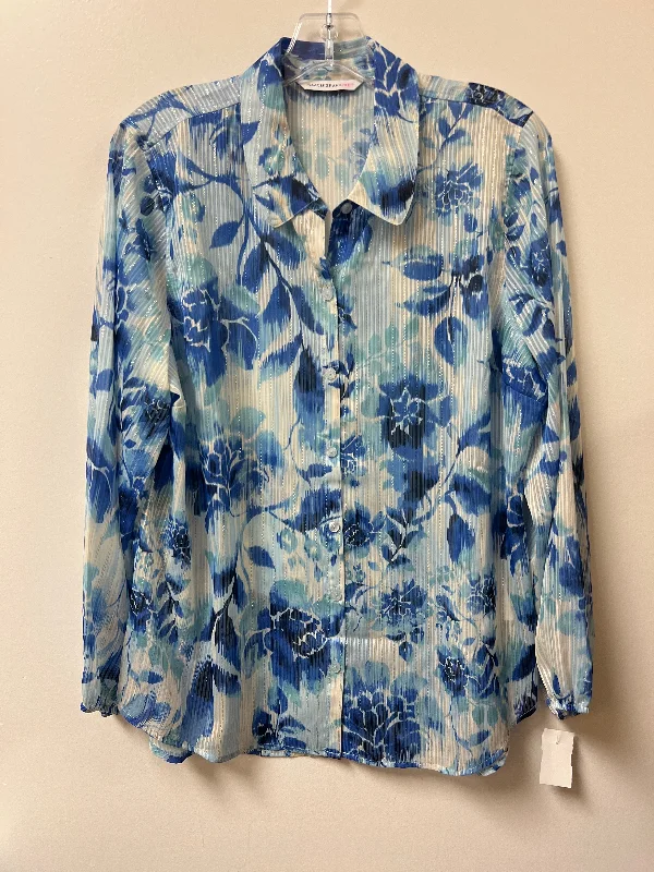 women's tops with cold-shoulder cutsTop Long Sleeve By Isaac Mizrahi In Blue & White, Size: M