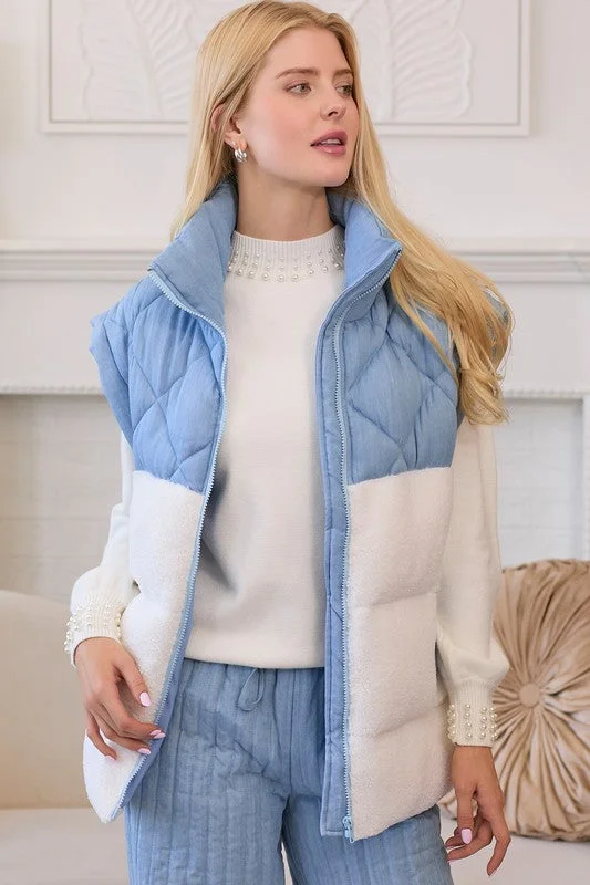 women's coats for travelQuilted Fleece Blue Colorblock Vest