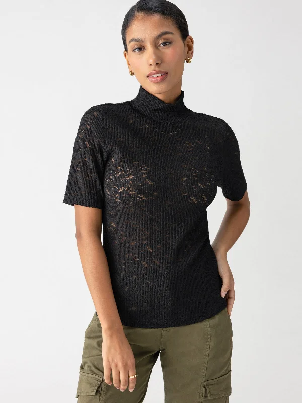 elegant women's topsShort Sleeve Lace Mock Neck Tee Black