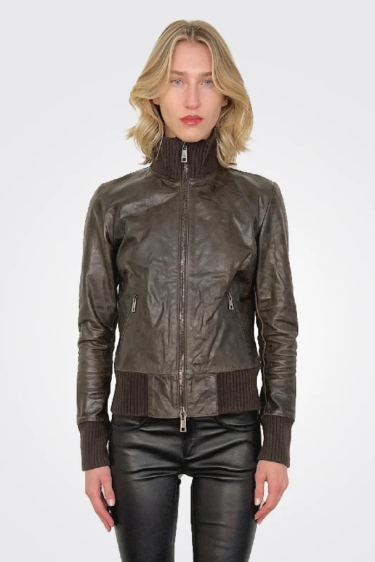 affordable women's coatsHigh Neck Bomber Leather Jacket - Box