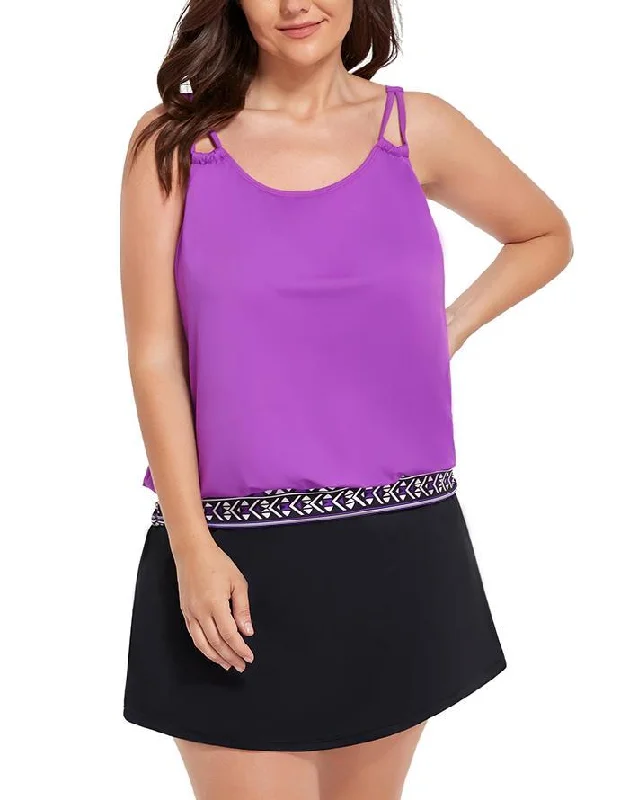 Maternity Female SwimwearPurple Loop Strap Blouson Tankini With A-Line Swim Skirt