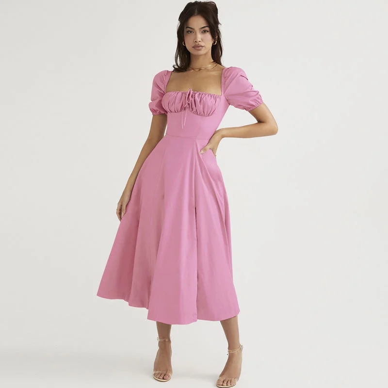 Scoop-Neck DressPuff Sleeve Tie Front High Split Off Shoulder Midi Sundress - Pink