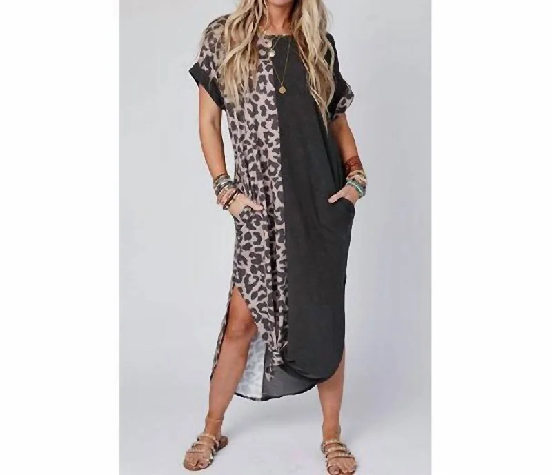 women's cotton dressesMaxi Dress With Rolled Sleeves In Black Leopard