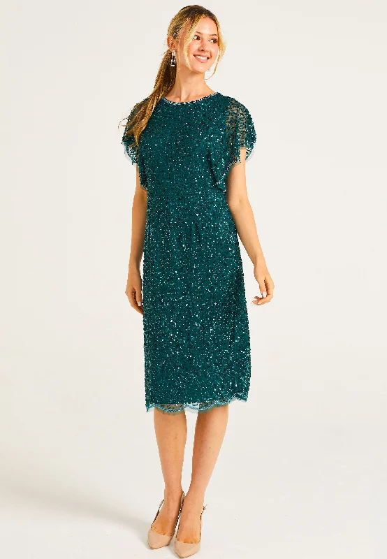 women's wedding guest dressesEmbellished Midi Dress with Flutter Sleeve in Emerald Green