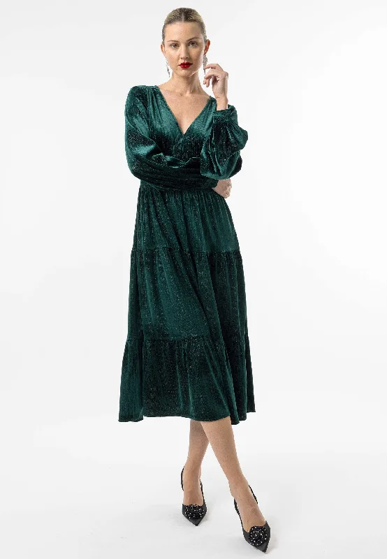 Flowy DressVelvet Gold Lurex Thread Midi Dress in Emerald Green