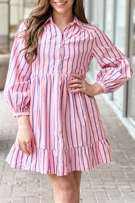 Nursing DressPink Striped Button-up Mini Shirt Dress