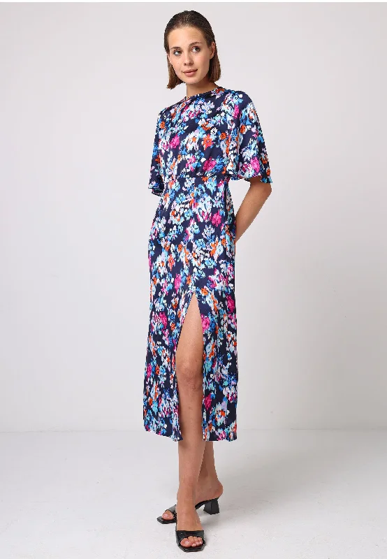 Peplum Hem DressAngel Sleeves Midi Dress With Side Slit In Navy Print