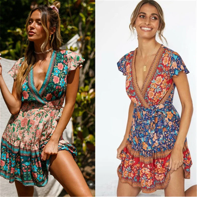 women's one-shoulder dressesFloral Mini Boho Dress, Bohemian Summer Dress for Women