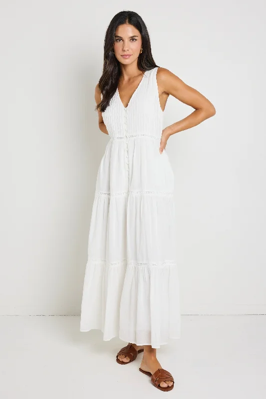 Glamour DressVilla White Cotton Voile Sleeveless Button Front Tiered Maxi Dress