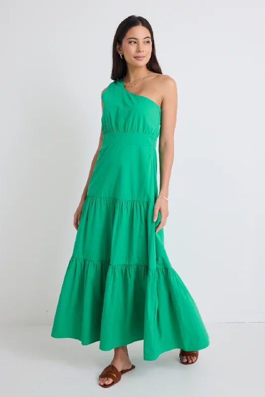 women's maximalist dressesParade Green One Shoulder Tiered Maxi Dress