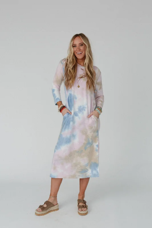 Sheath DressThe Nest Soul Shine Pocketed Tie Dye Midi Dress - Lavender Taupe