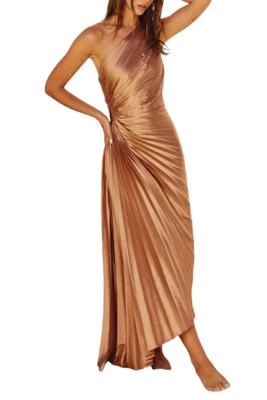 women's cotton dressesAsymmetrical Pleated Maxi Dress In Golden Sand