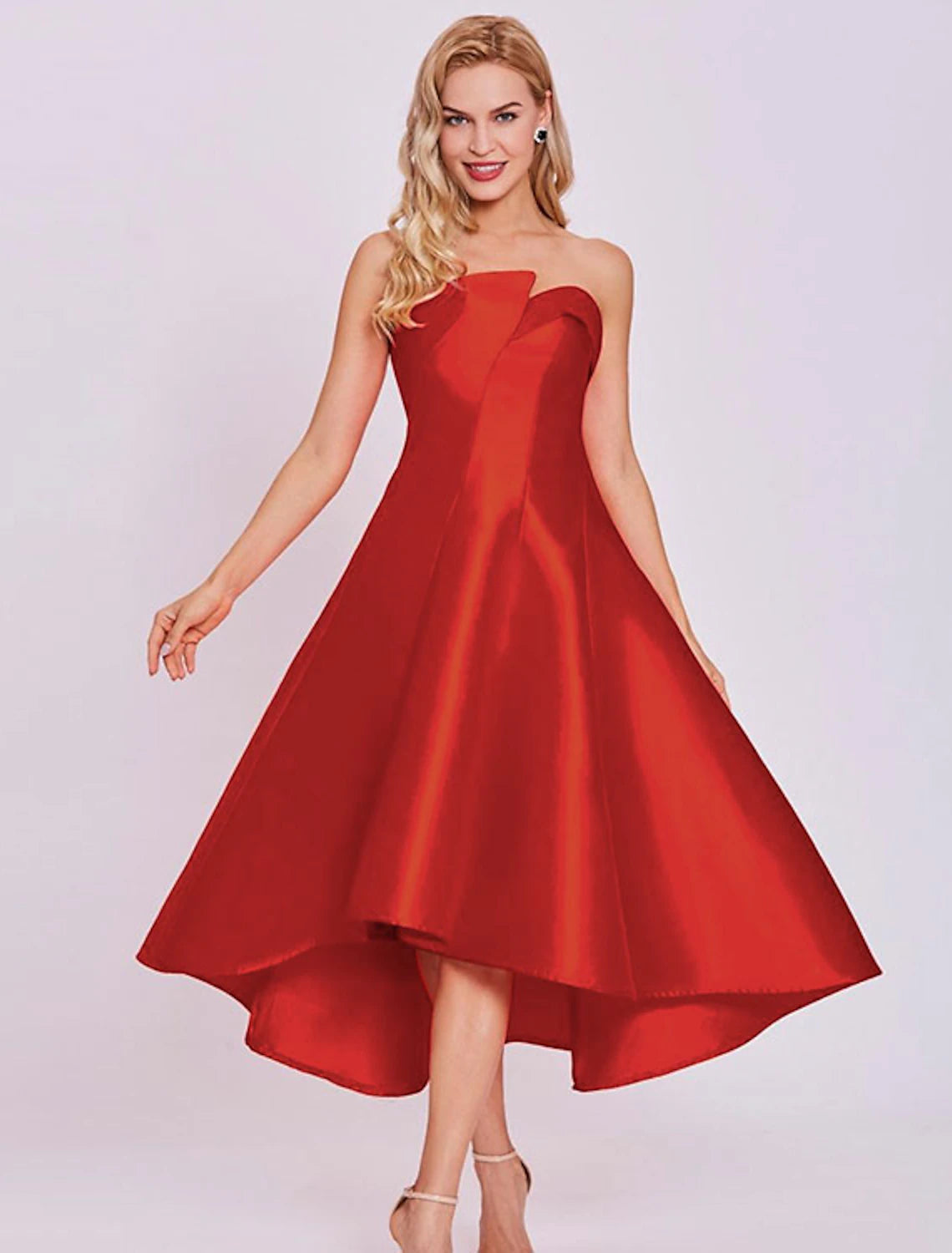 Retro DressA-Line Cocktail Dresses Minimalist Dress Homecoming Wedding Guest Tea Length Sleeveless Strapless Satin with Sleek