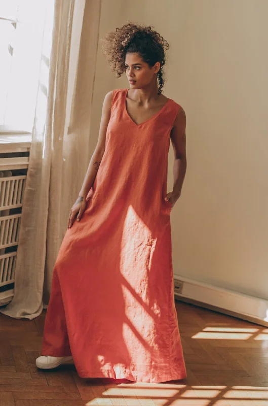 Embellished DressMinimalist Linen Maxi Dress with V-neck