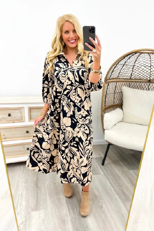 women's wedding guest dressesBlack Floral Print Midi Dress