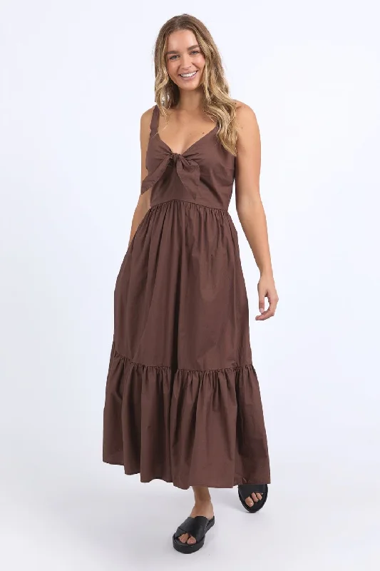 women's mini dressesEsmerelda Chocolate Frint Tie Tiered Maxi Dress