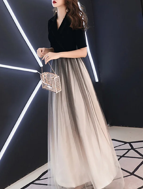 Flowy DressA-Line Minimalist Gradient Engagement Formal Evening Dress V Neck Half Sleeve Floor Length Tulle with Sleek