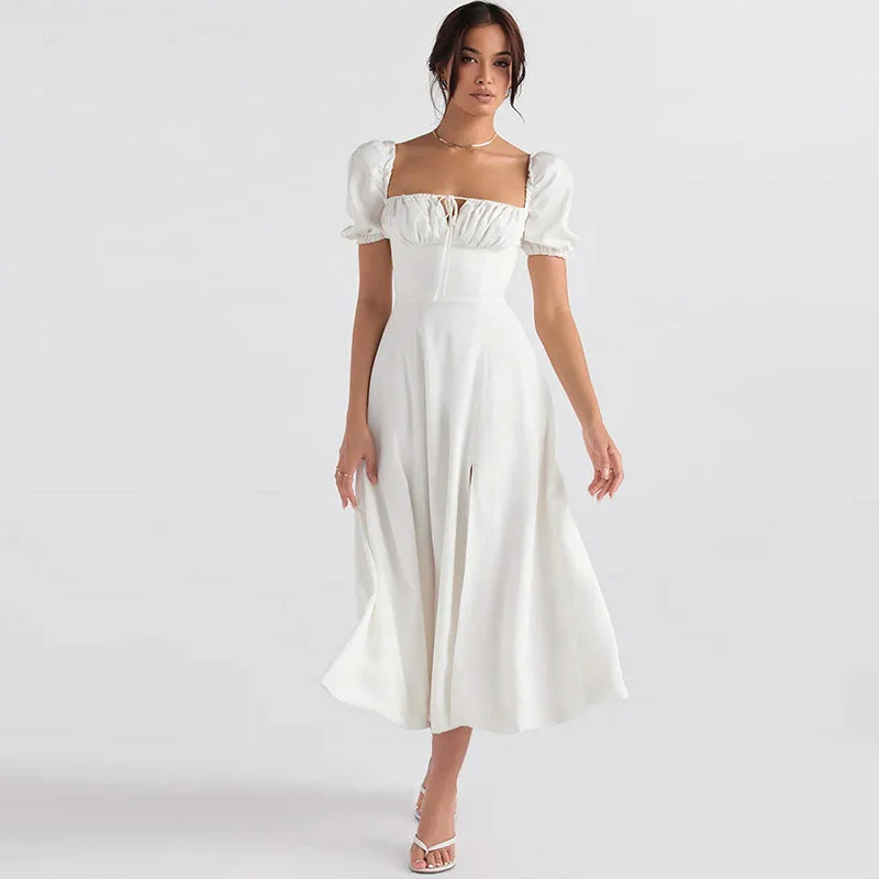 Crepe DressPuff Sleeve Tie Front High Split Off Shoulder Midi Sundress - White