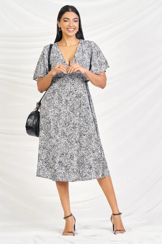 women's bell-sleeved dressesBlack & White Floral Midi Wrap Dress - Regular Fit