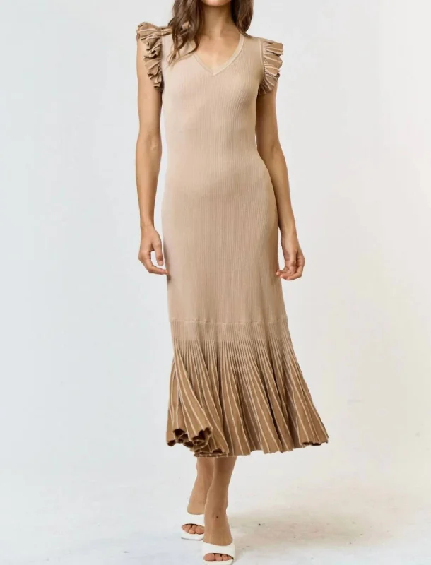 Bohemian DressRuffle Sleeve Pleated Mermaid Sweater Maxi Dress In Tan