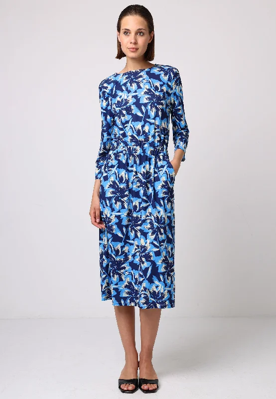 Organza DressElasticated Waist Midi Dress In Blue Floral Print