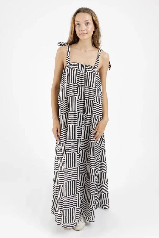 Asymmetric DressBowie Black White Print Tie Shoulder Maxi Dress