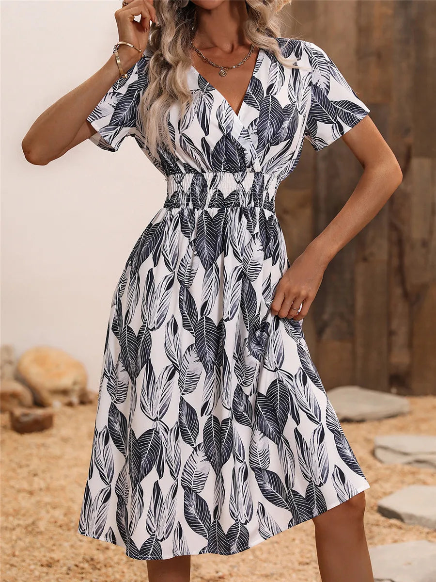 Evening DressChic Summer Fashionable Floral Navy Sleeveless Elegant Holiday Midi Dress