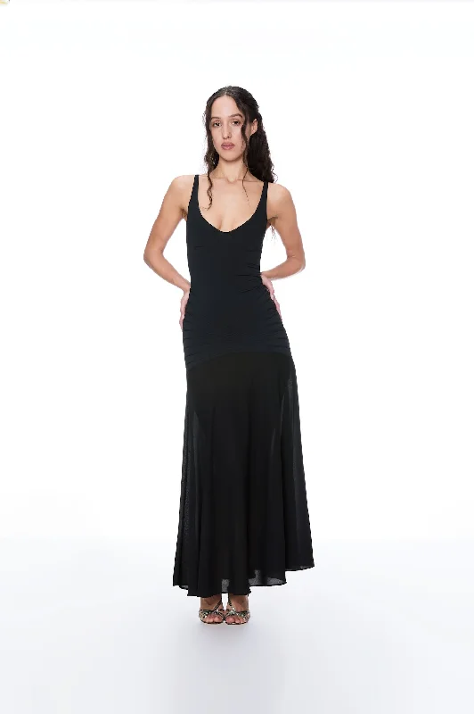 women's prom dressesRITMO DI PERLA BLACK RUCHED MAXI DRESS