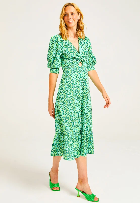 Striped DressPuff Sleeve Front Knot Midi Tea Dress in Green Geometric Print