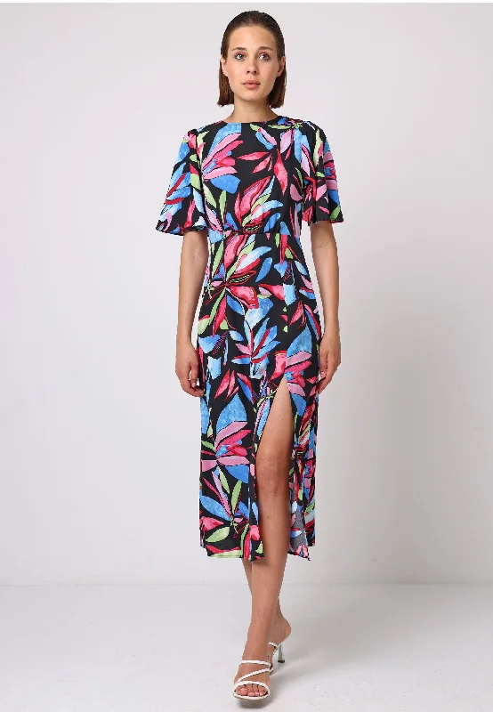 Halter DressAngel Sleeves Midi Dress With Side Slit In Black Multi Print