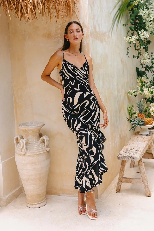 women's evening dressesNiko Black Abstract Asymmetric Maxi Dress