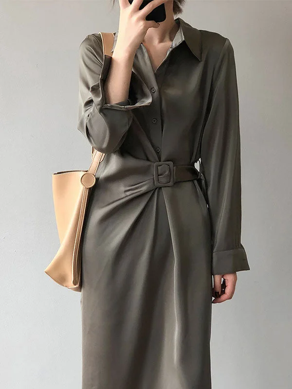 women's club dressesSatin Belted Long Sleeve Shirt Midi Dress