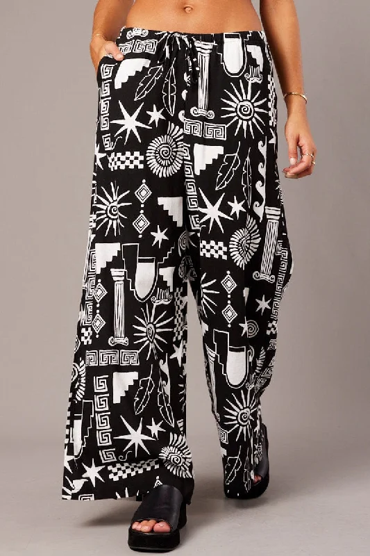 Black Abstract Wide Leg Pants High Rise