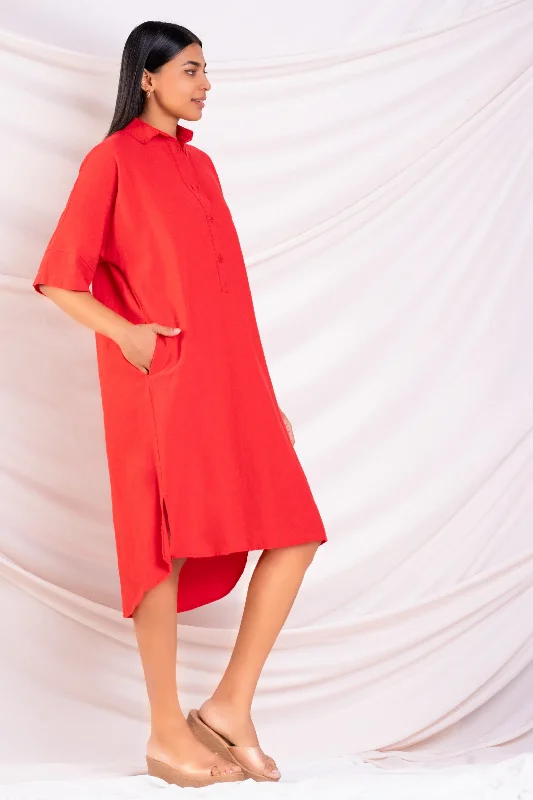 women's lace dressesRed Oversized Midi Shirt Dress