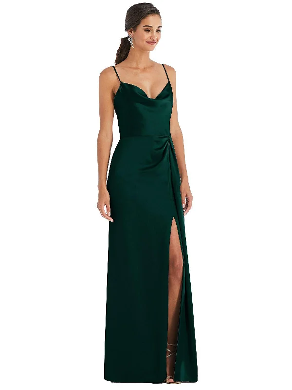 women's work dressesCowl-Neck Draped Wrap Maxi Dress with Front Slit